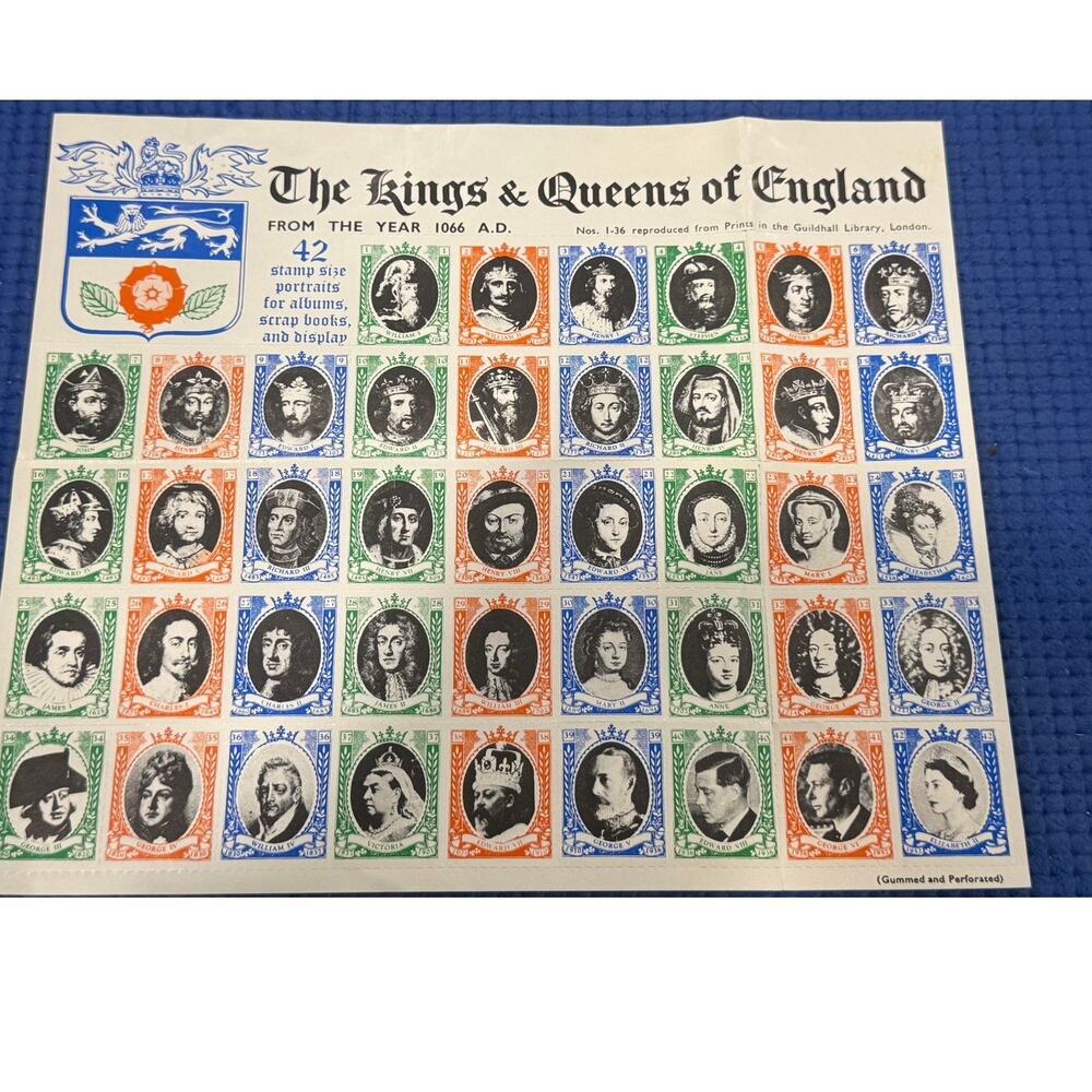 The Kings & Queens of England Sheet of Stamps from 1066 AD - Stamp Collectors